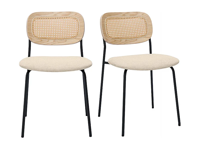 Design-Stühle in beigem strukturiertem Samteffektstoff, schwarzem Metall und Rattanwebung (2er-Set) MIRANDA
