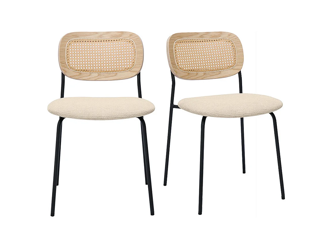 Chaises design en tissu effet velours texturé beige, métal noir et cannage rotin (lot de 2) MIRANDA