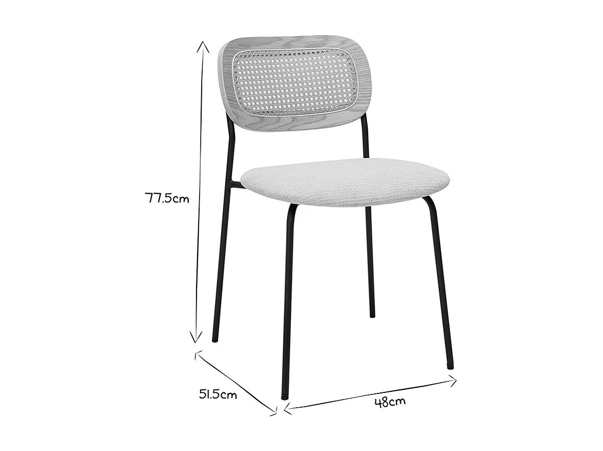 Design-Stühle in beigem strukturiertem Samteffektstoff, schwarzem Metall und Rattanwebung (2er-Set) MIRANDA