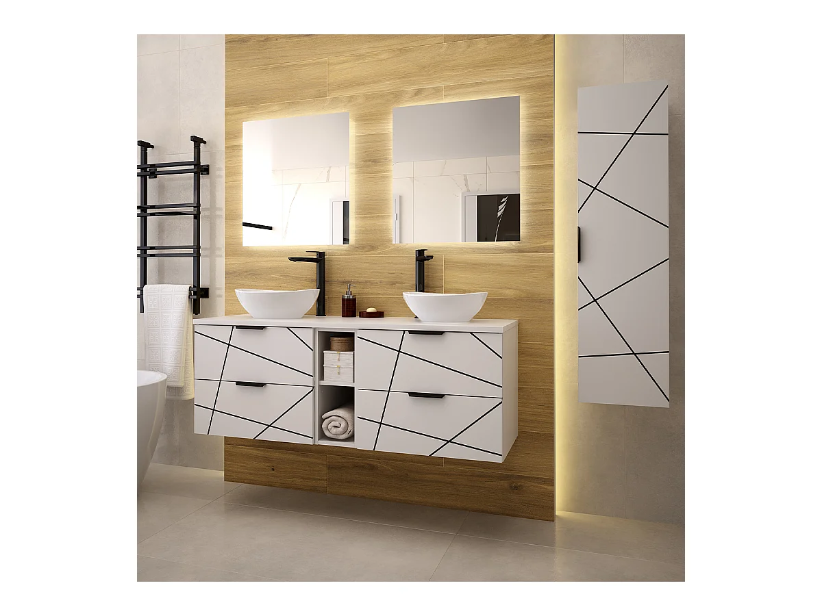 Ensemble meuble double vasque 140cm 2 niches et colonne Teren Blanc