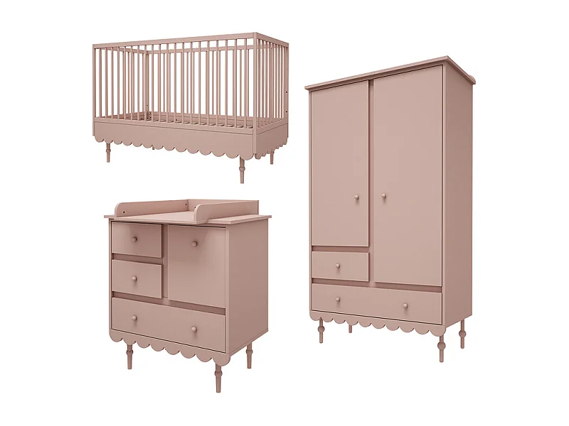 Chambre complète lit évolutif 70x140 commode à langer et armoire 2 portes Babushka Rose