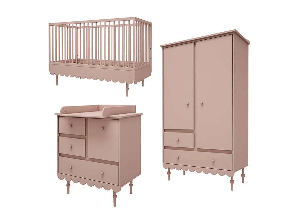 Chambre complète lit évolutif 70x140 commode à langer et armoire 2 portes Babushka Rose