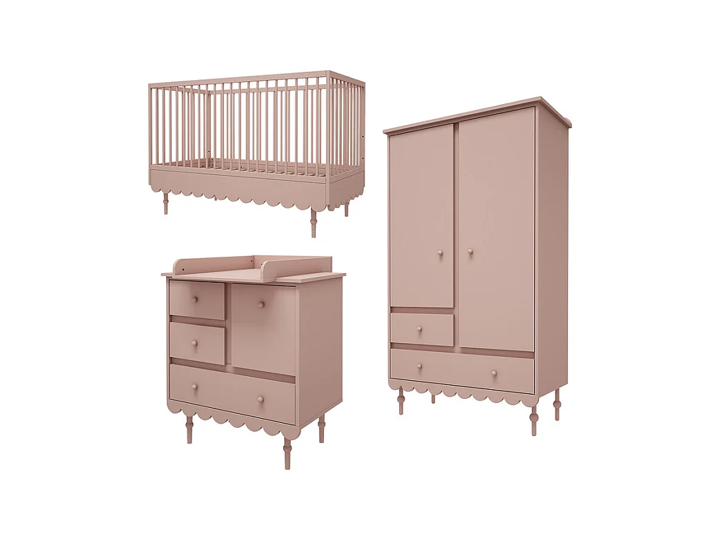 Chambre complète lit évolutif 70x140 commode à langer et armoire 2 portes Babushka Rose