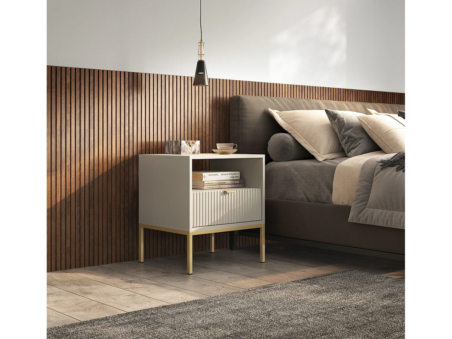 Table de chevet 1 tiroir - 54 cm - grège avec pieds dorés - VELLORE