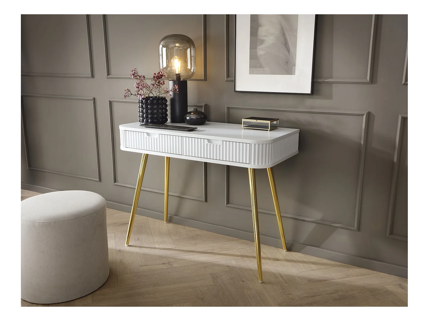 Coiffeuse avec 2 tiroirs et façades laminées - 110 cm -blanc avec pieds dorés - ZOVA