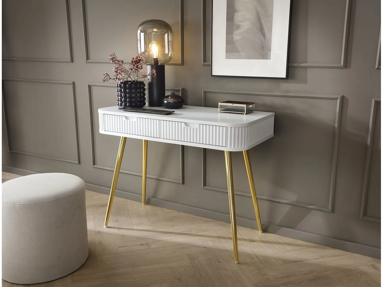 Schminktisch mit 2 Schubladen - weiß mit goldenen Beinen - 110 cm - ZOVA