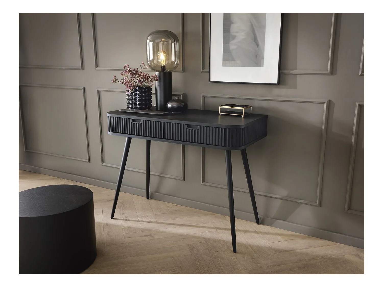 Coiffeuse avec 2 tiroirs et façades laminées - 110 cm - noir avec pieds dorés - ZOVA