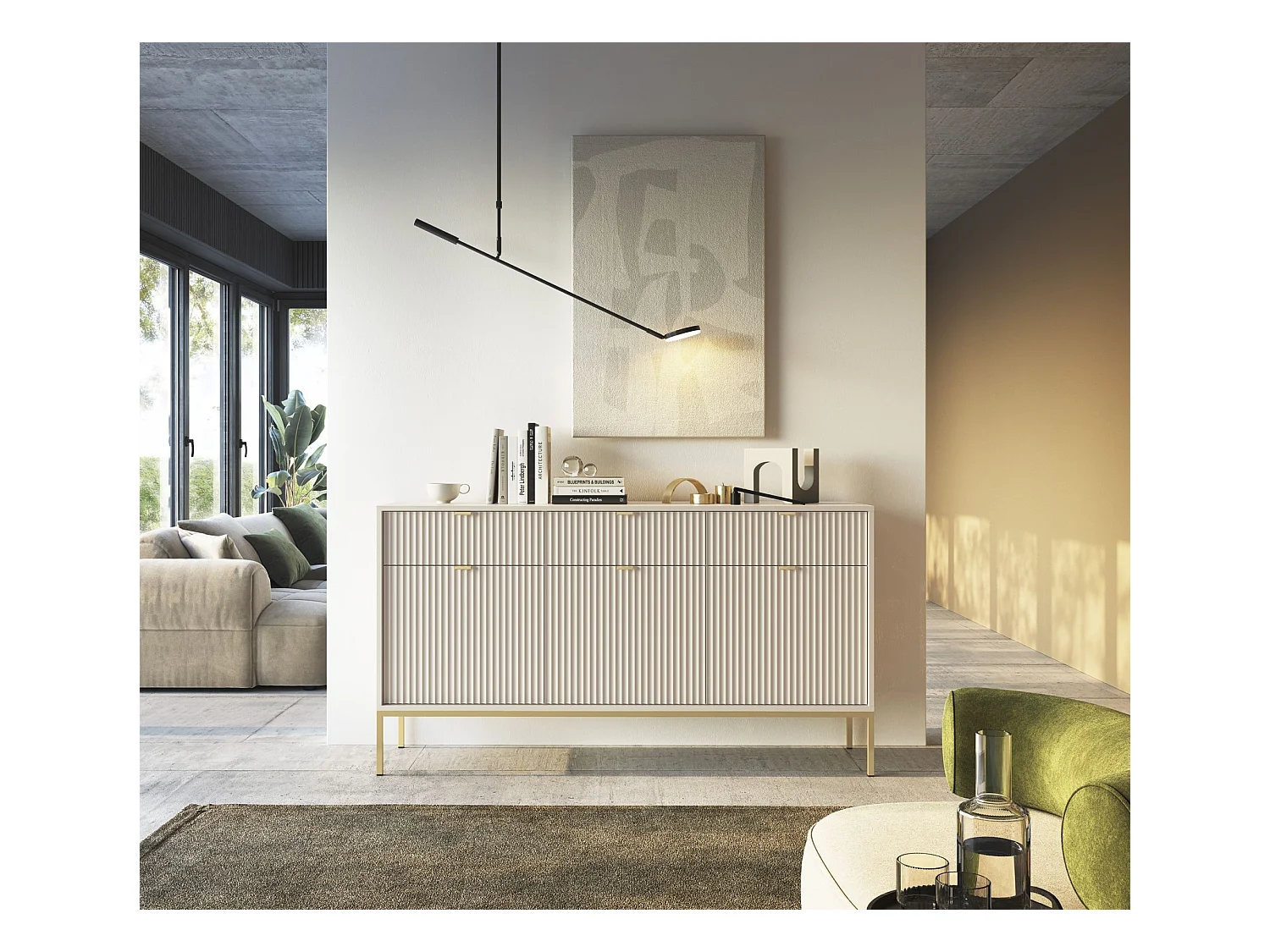 Buffet 3 portes - 154 cm - grėge avec pieds dorés - VELLORE