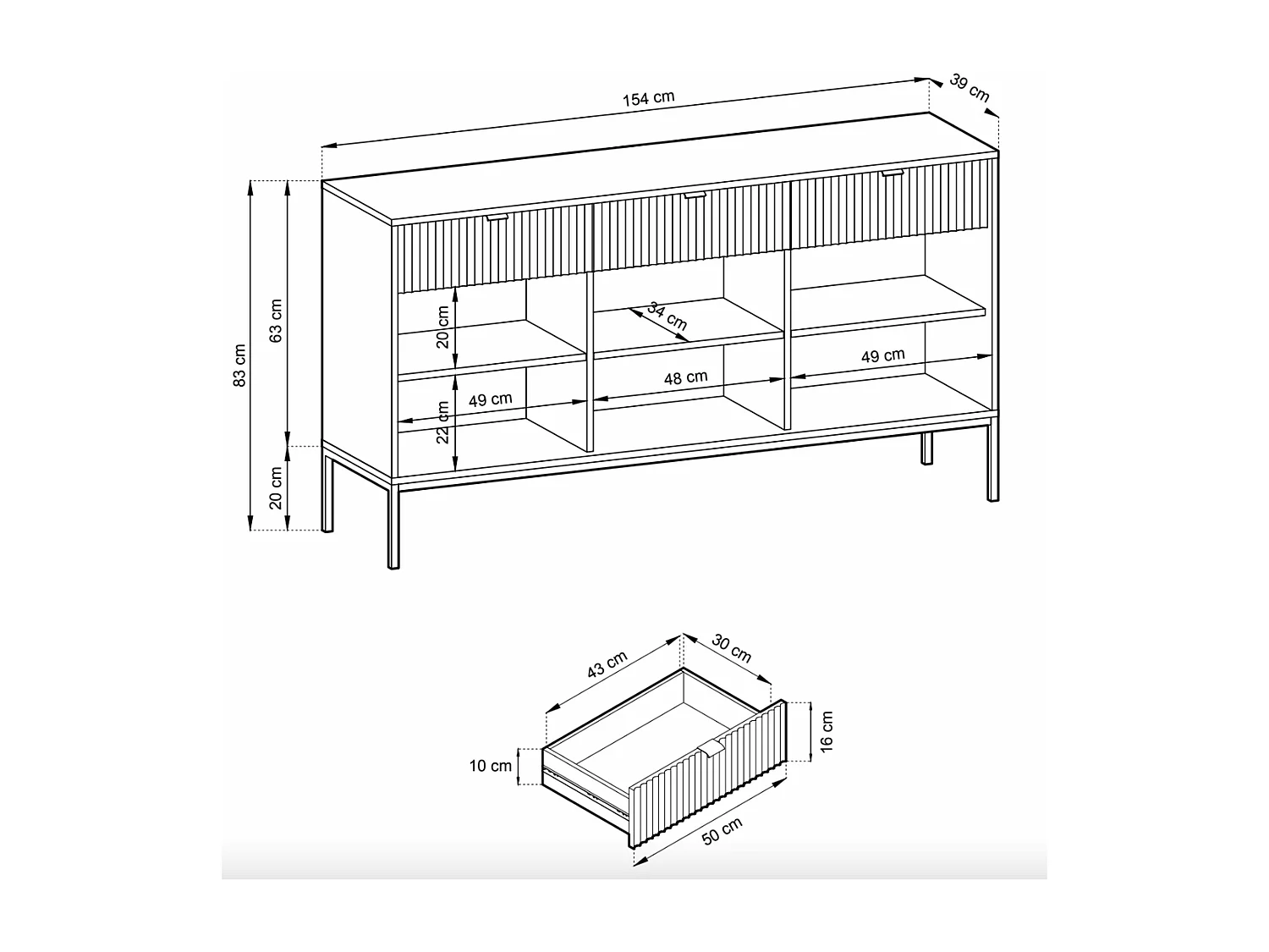 Buffet 3 portes - 154 cm - grėge avec pieds dorés - VELLORE