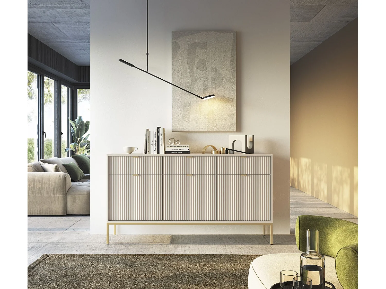 Buffet 3 portes - 154 cm - grėge avec pieds dorés - VELLORE