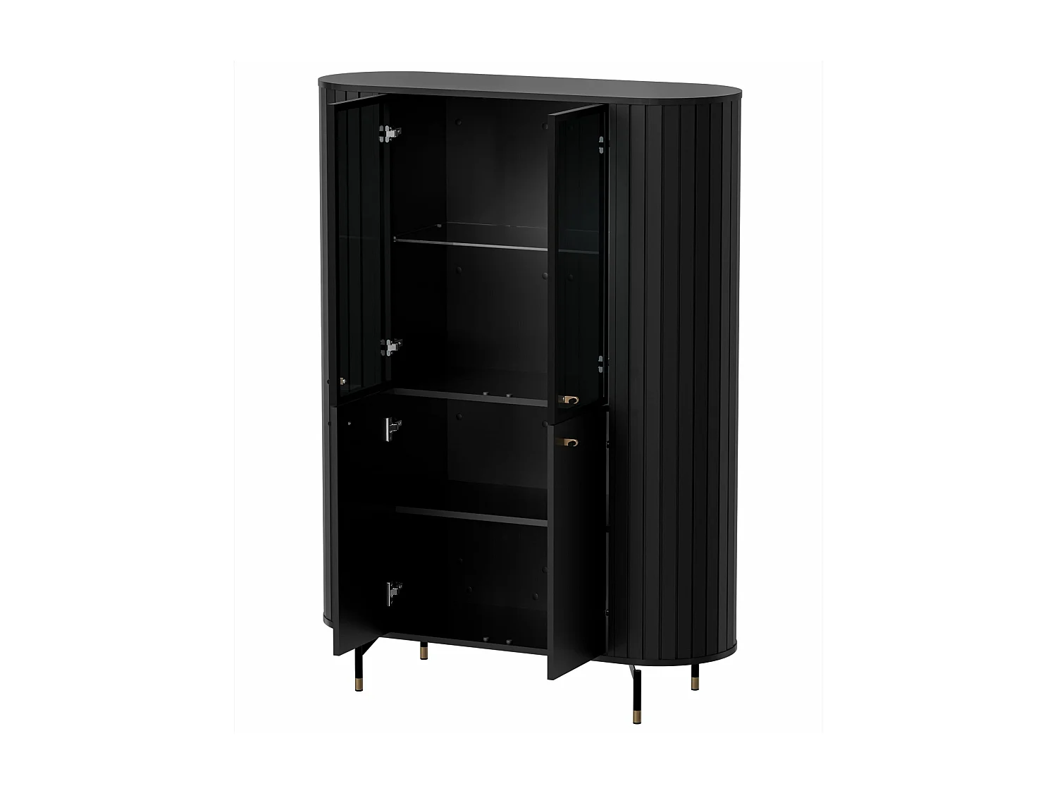 Vitrine 4 portes avec porte vitrée - 112cm - noir avec façades rainurées - ZANTE