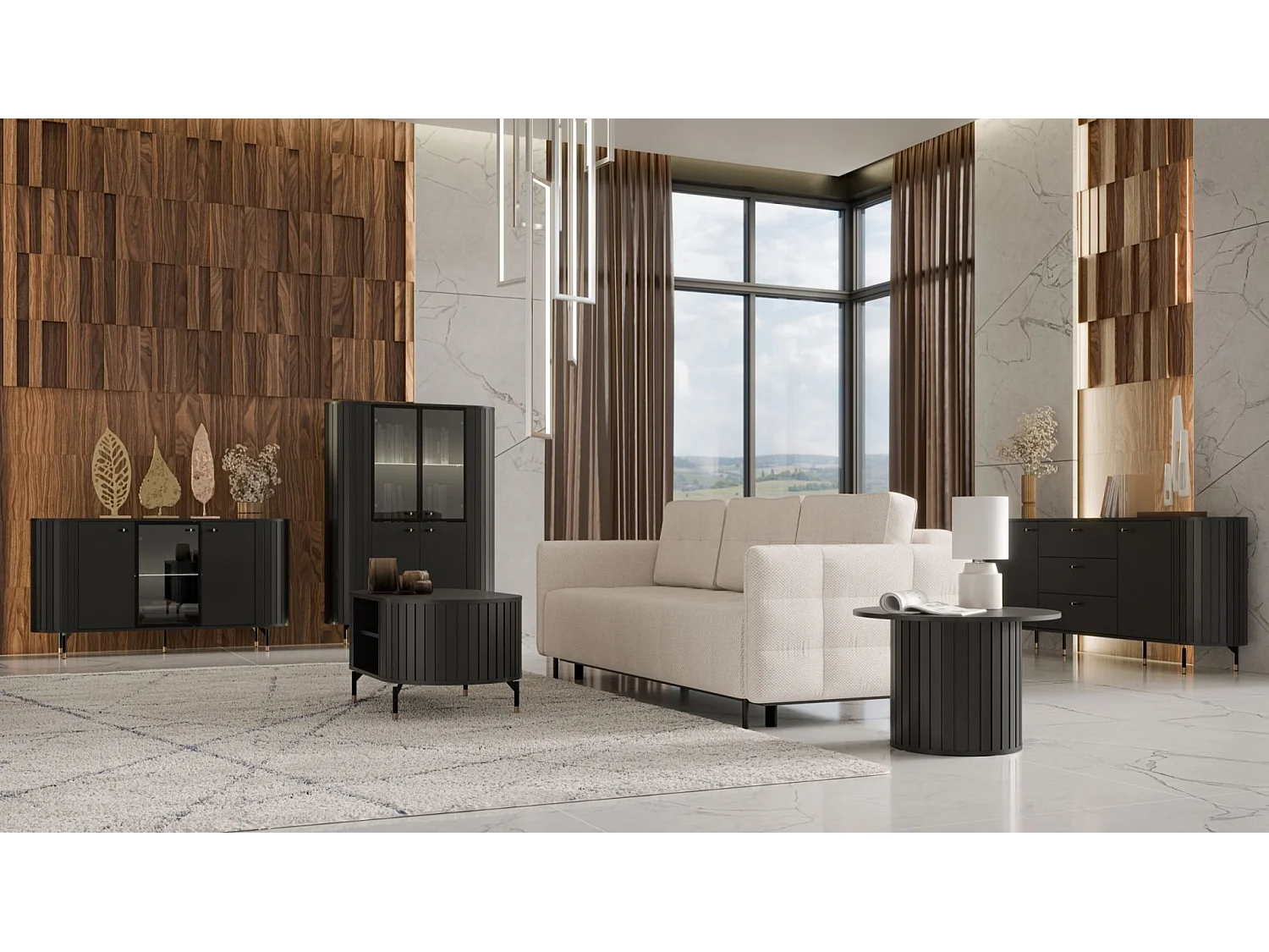 Vitrine 4 portes avec porte vitrée - 112cm - noir avec façades rainurées - ZANTE