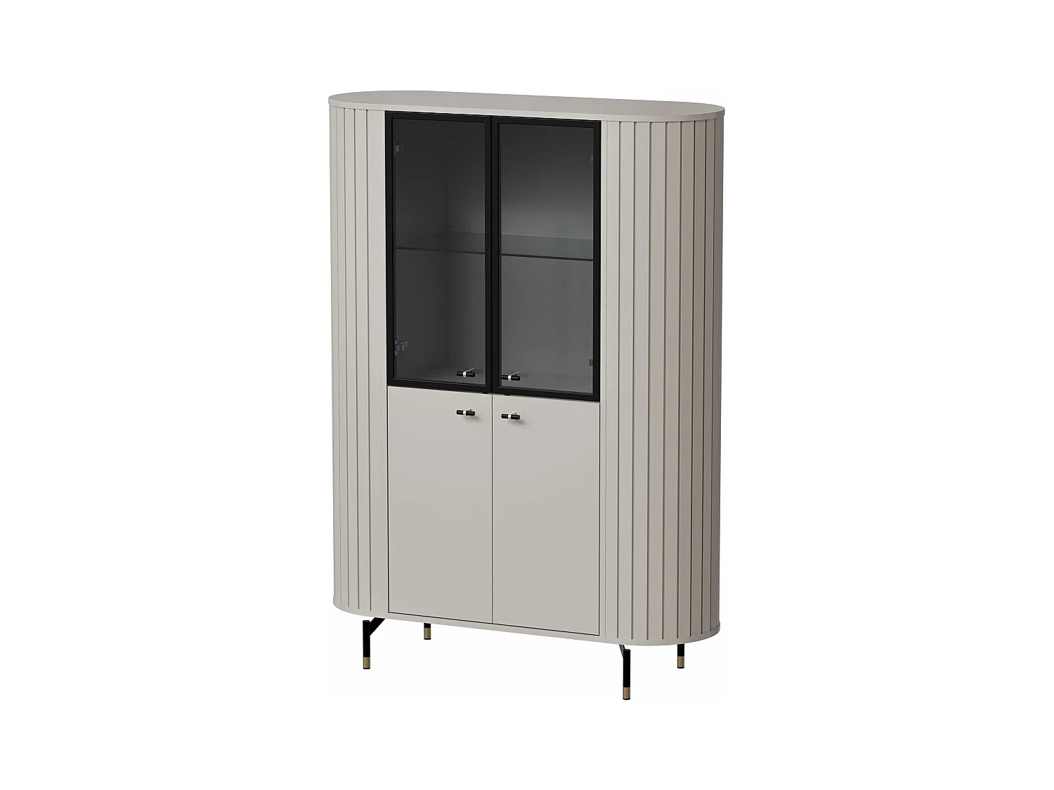 Vitrine 4 portes avec porte vitrée - 112cm - Grège avec façades rainurées - ZANTE