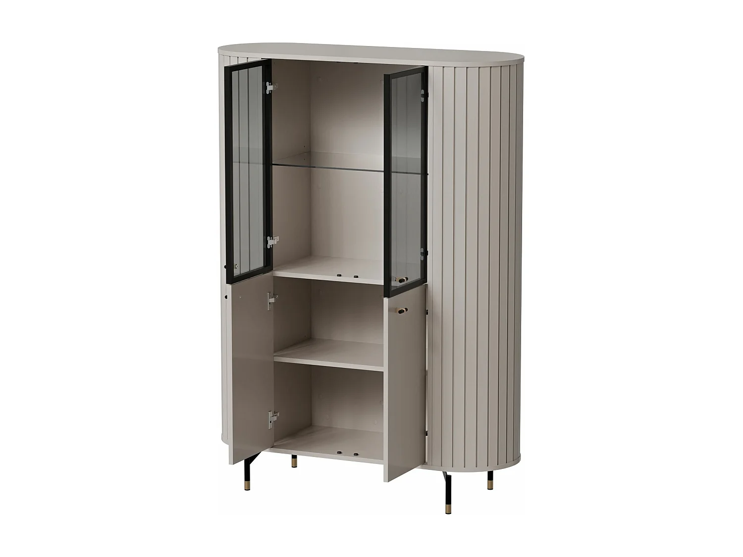 Vitrine 4 portes avec porte vitrée - 112cm - Grège avec façades rainurées - ZANTE