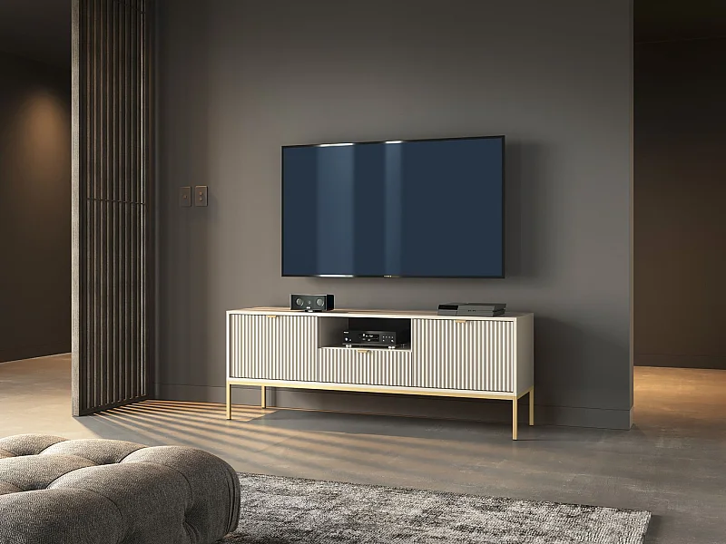 TV-meubel met 1 lade - 154 cm - greige met gouden poten - VELLORE