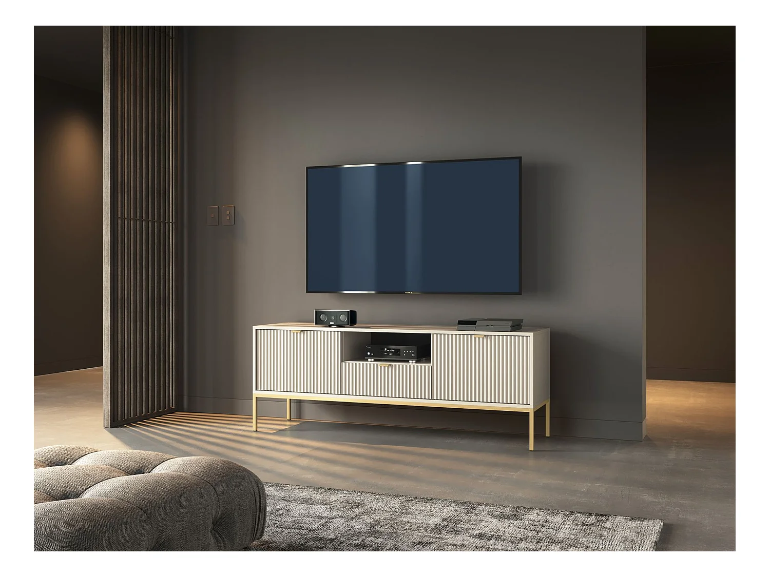 Meuble TV 1 tiroir - 154 cm - grėge avec pieds dorés - VELLORE