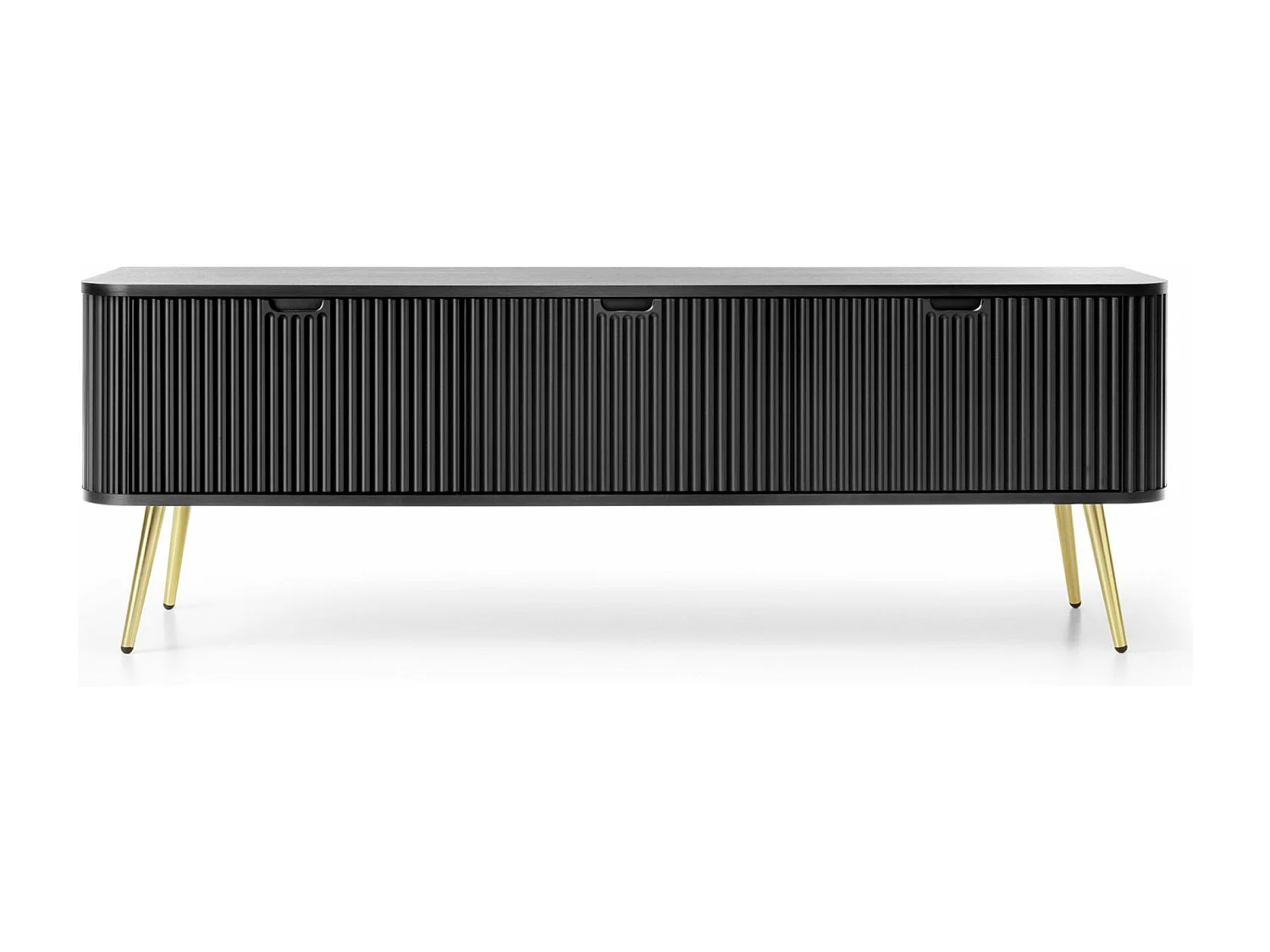 Meuble TV 3 portes avec façades à lamelles - 168 cm - noir avec pieds dorés - ZOVA