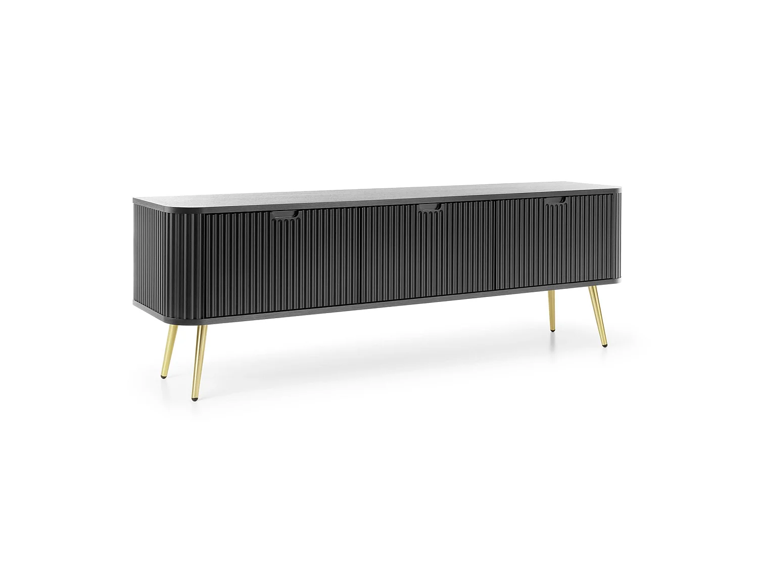 Meuble TV 3 portes avec façades à lamelles - 168 cm - noir avec pieds dorés - ZOVA
