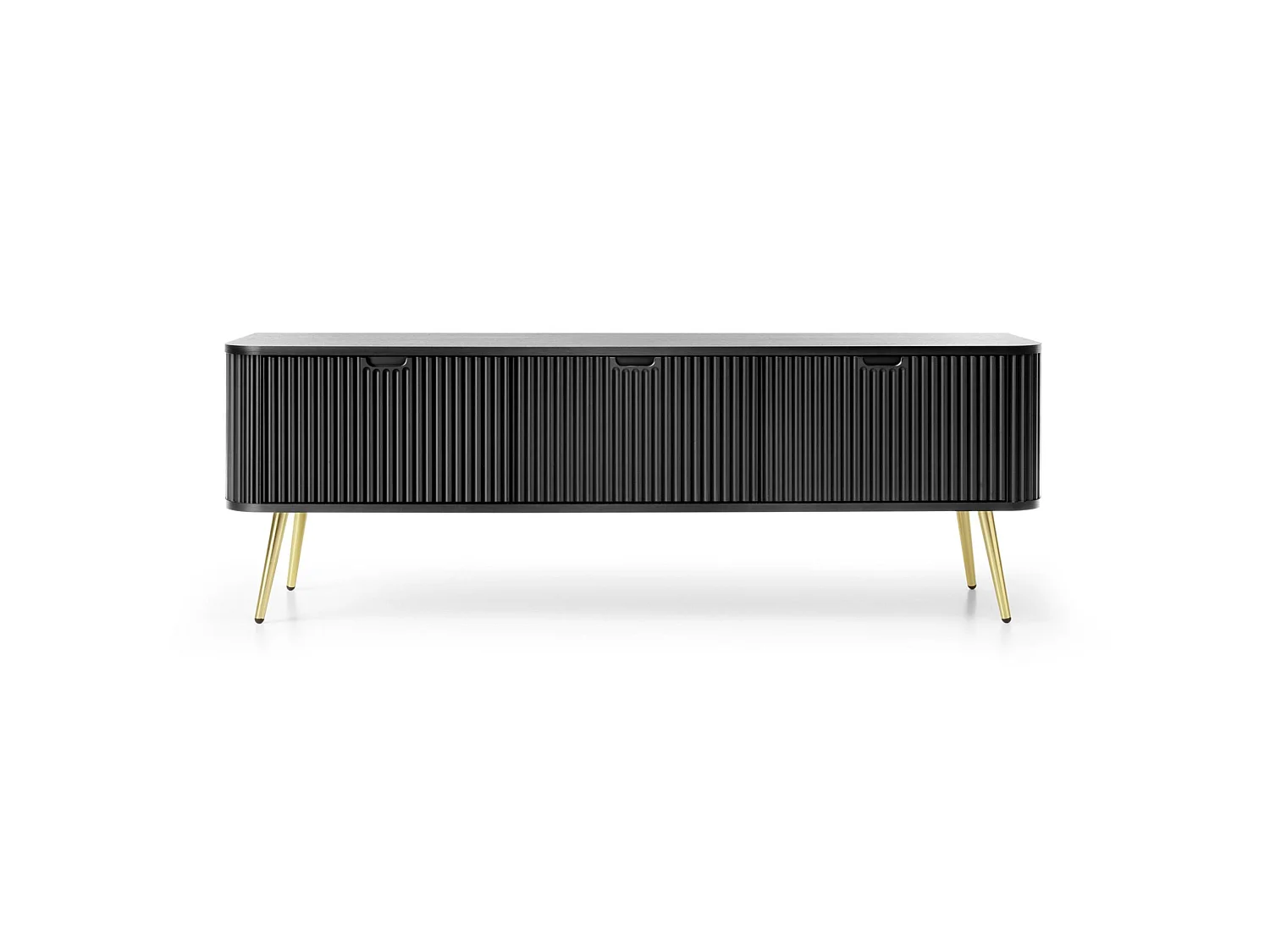 Meuble TV 3 portes avec façades à lamelles - 168 cm - noir avec pieds dorés - ZOVA
