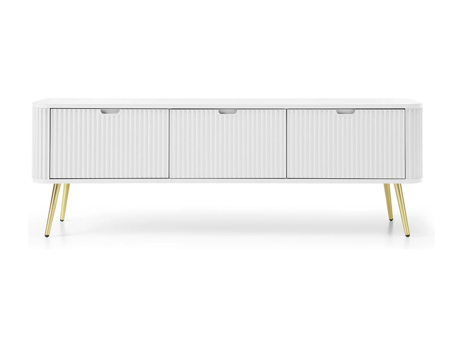 Meuble TV 3 portes avec façades à lamelles - 168 cm - blanc avec pieds dorés - ZOVA