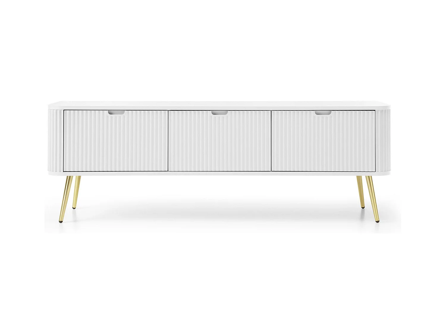Meuble TV 3 portes avec façades à lamelles - 168 cm - blanc avec pieds dorés - ZOVA