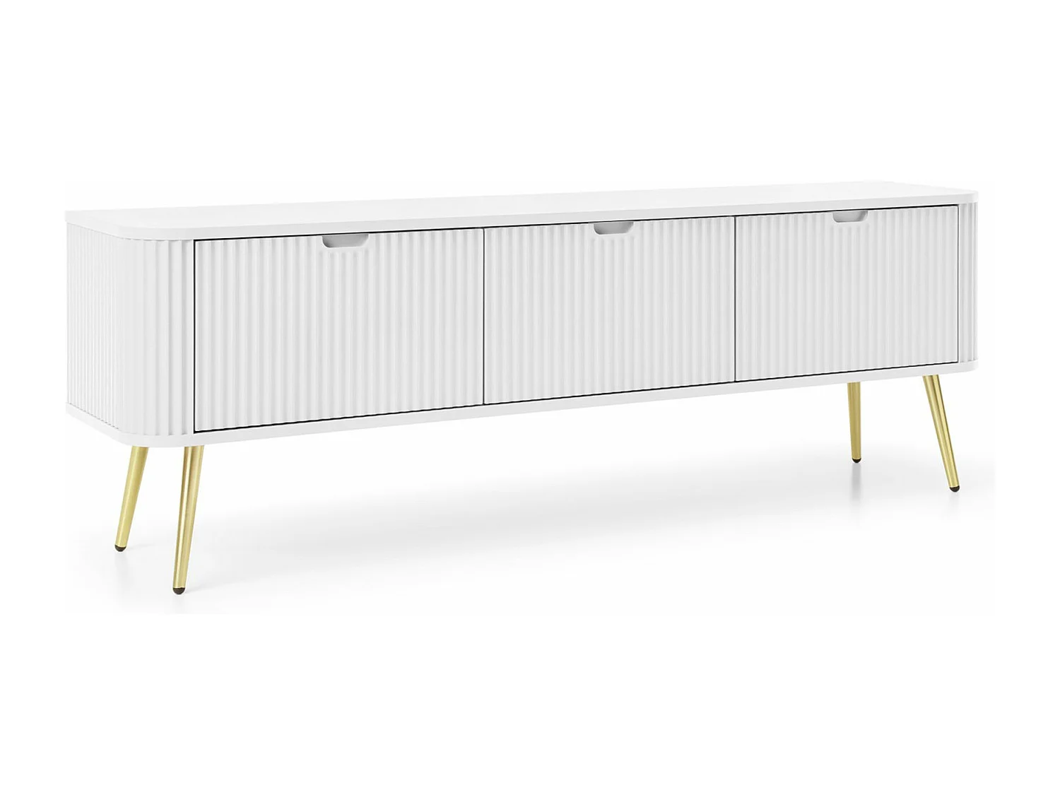 Meuble TV 3 portes avec façades à lamelles - 168 cm - blanc avec pieds dorés - ZOVA