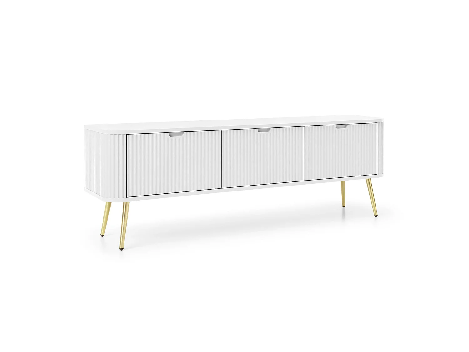 Meuble TV 3 portes avec façades à lamelles - 168 cm - blanc avec pieds dorés - ZOVA