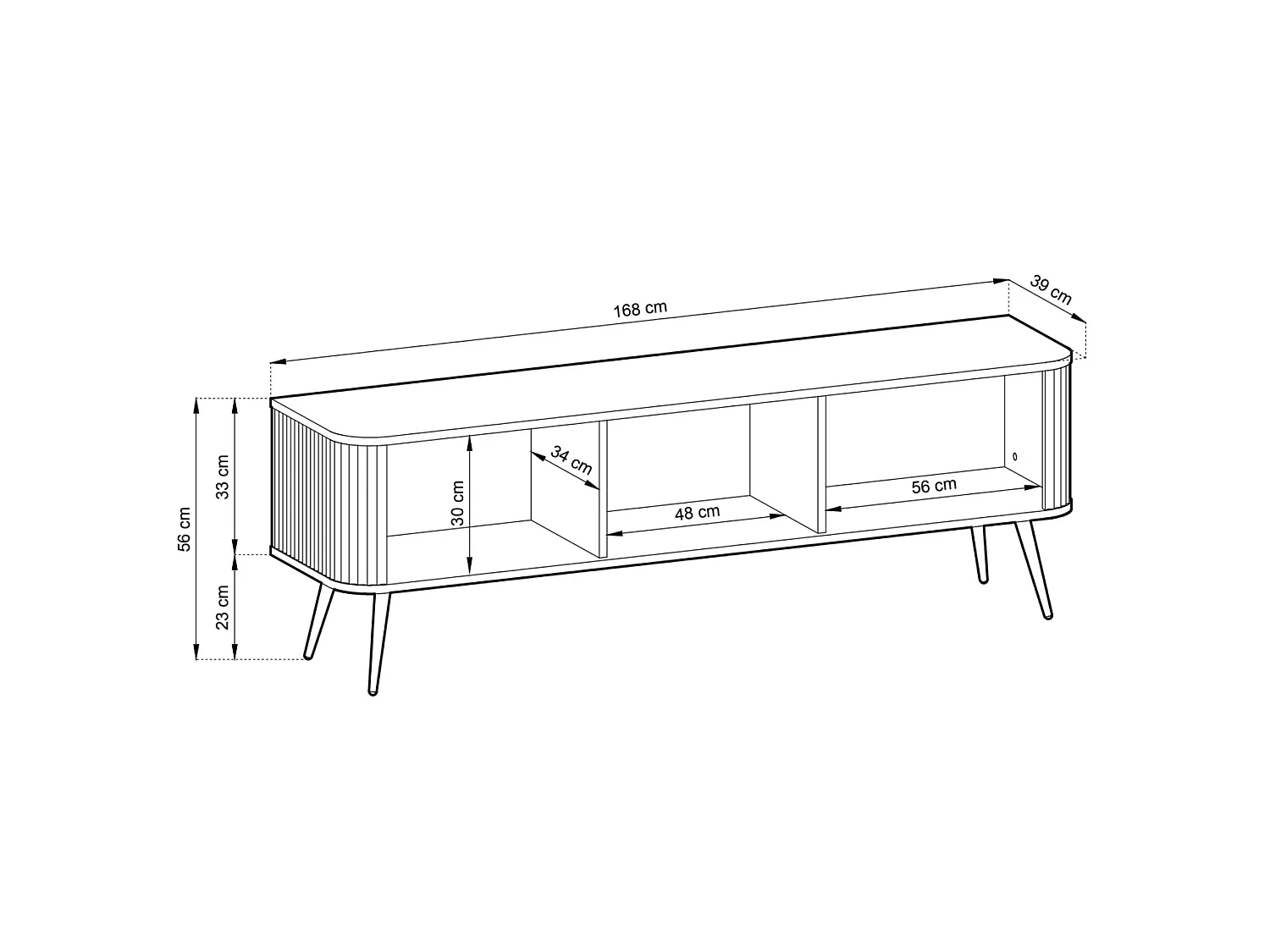 Meuble TV 3 portes avec façades à lamelles - 168 cm - blanc avec pieds dorés - ZOVA