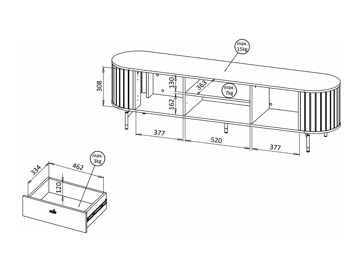 TV-Schrank 2-türig - geriffelt mit Schublade - schwarz - 180 cm - Zante