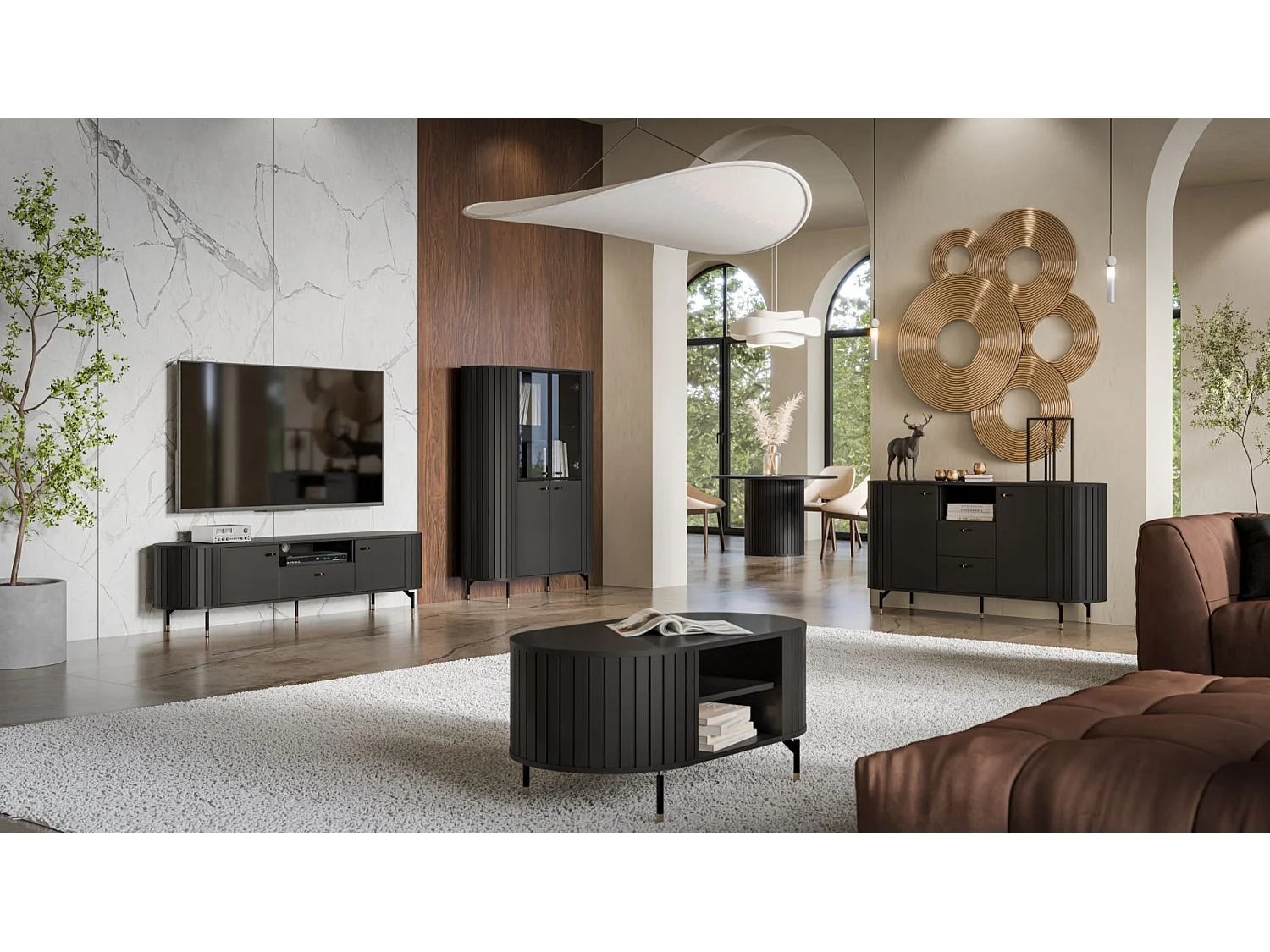 Meuble TV 2 portes avec tiroir - ZANTE - 180 cm - noir avec façades rainurées