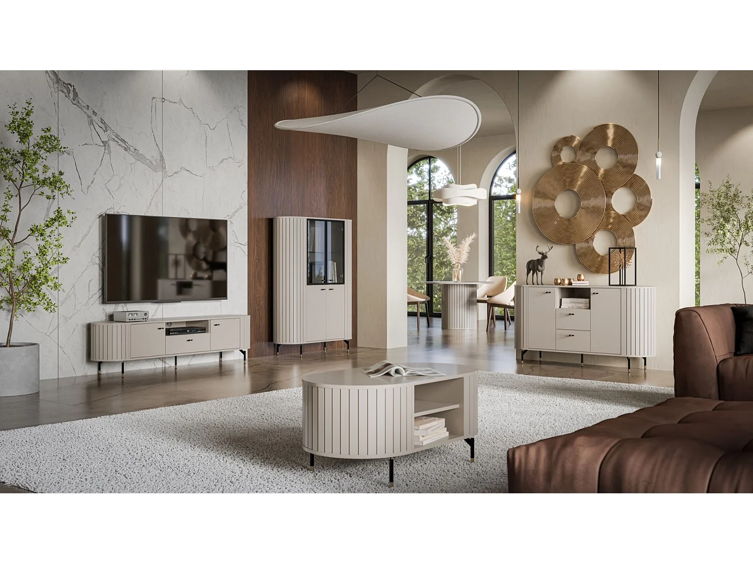 Buffet 2 portes avec 2 tiroirs – ZANTE – 150 cm – grège avec rainures