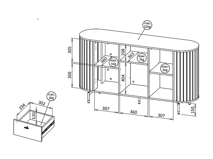 Buffet 2 portes avec 2 tiroirs – ZANTE – 150 cm – grège avec rainures