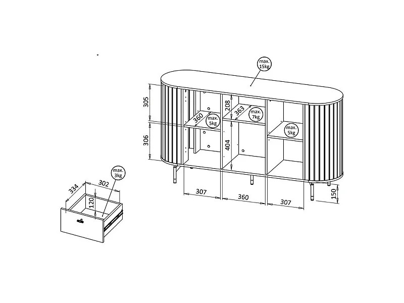 Buffet 2 portes avec 2 tiroirs – ZANTE – 150 cm – grège avec rainures