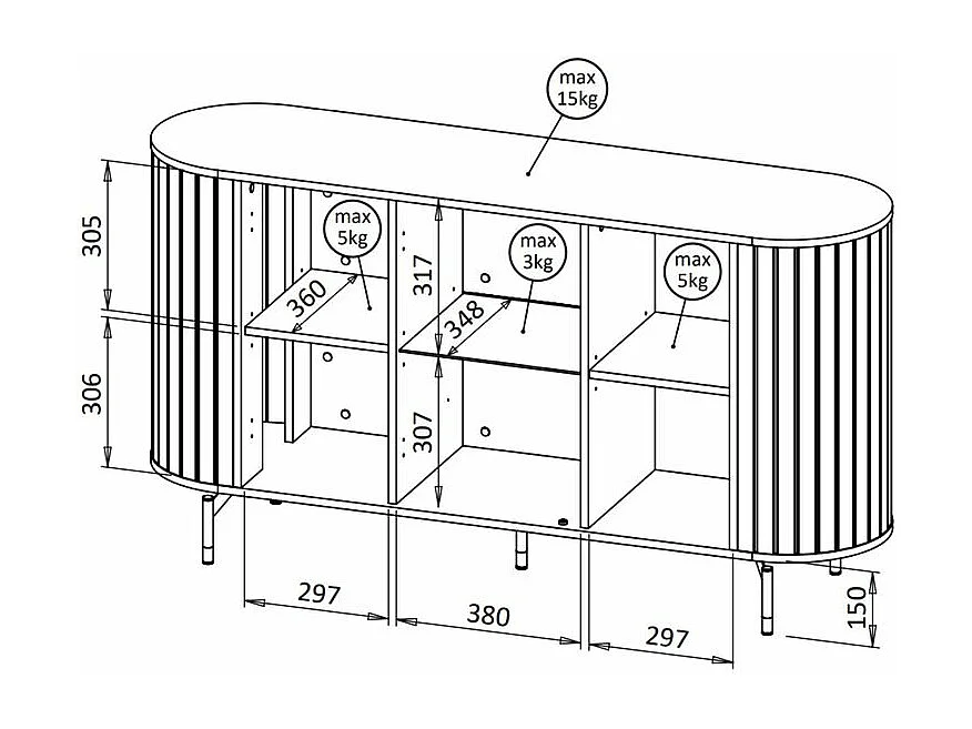 Buffet 3 portes avec façade vitrée – ZANTE – 150 cm – grège avec rainures