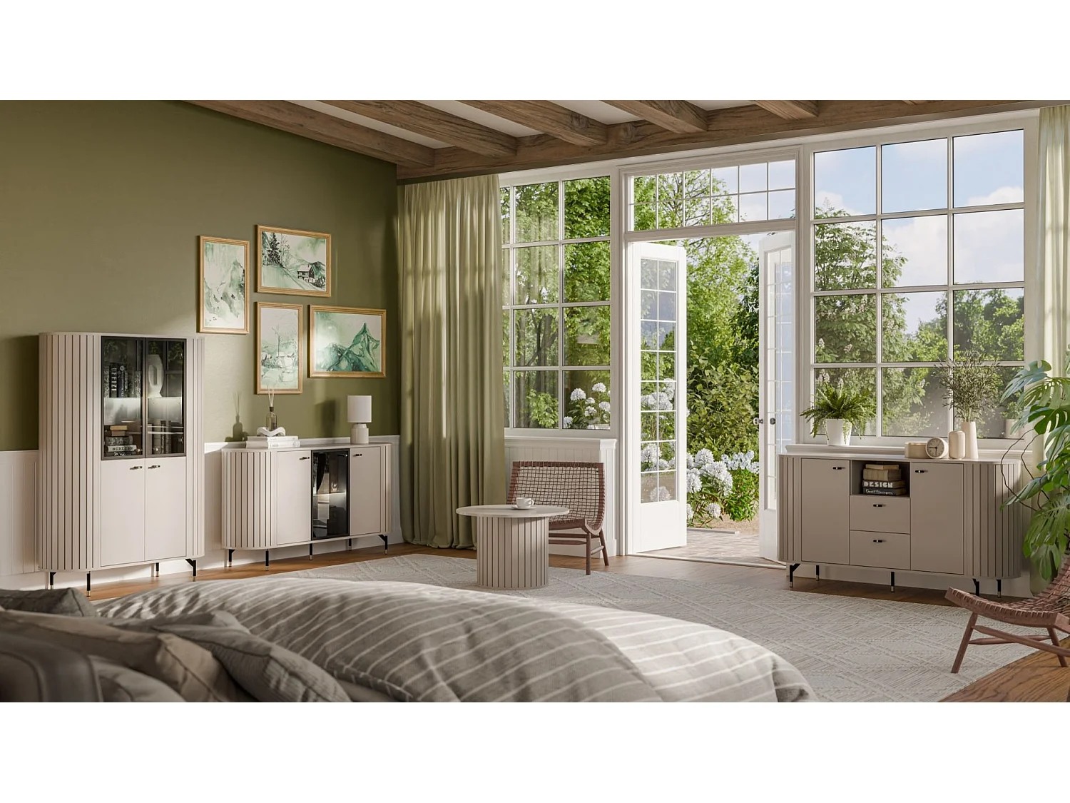 Buffet 3 portes avec façade vitrée – ZANTE – 150 cm – grège avec rainures