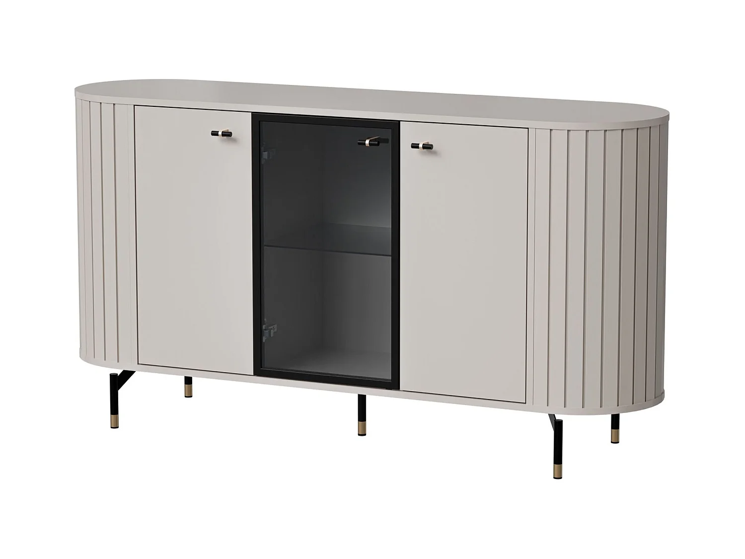 Buffet 3 portes avec façade vitrée – ZANTE – 150 cm – grège avec rainures