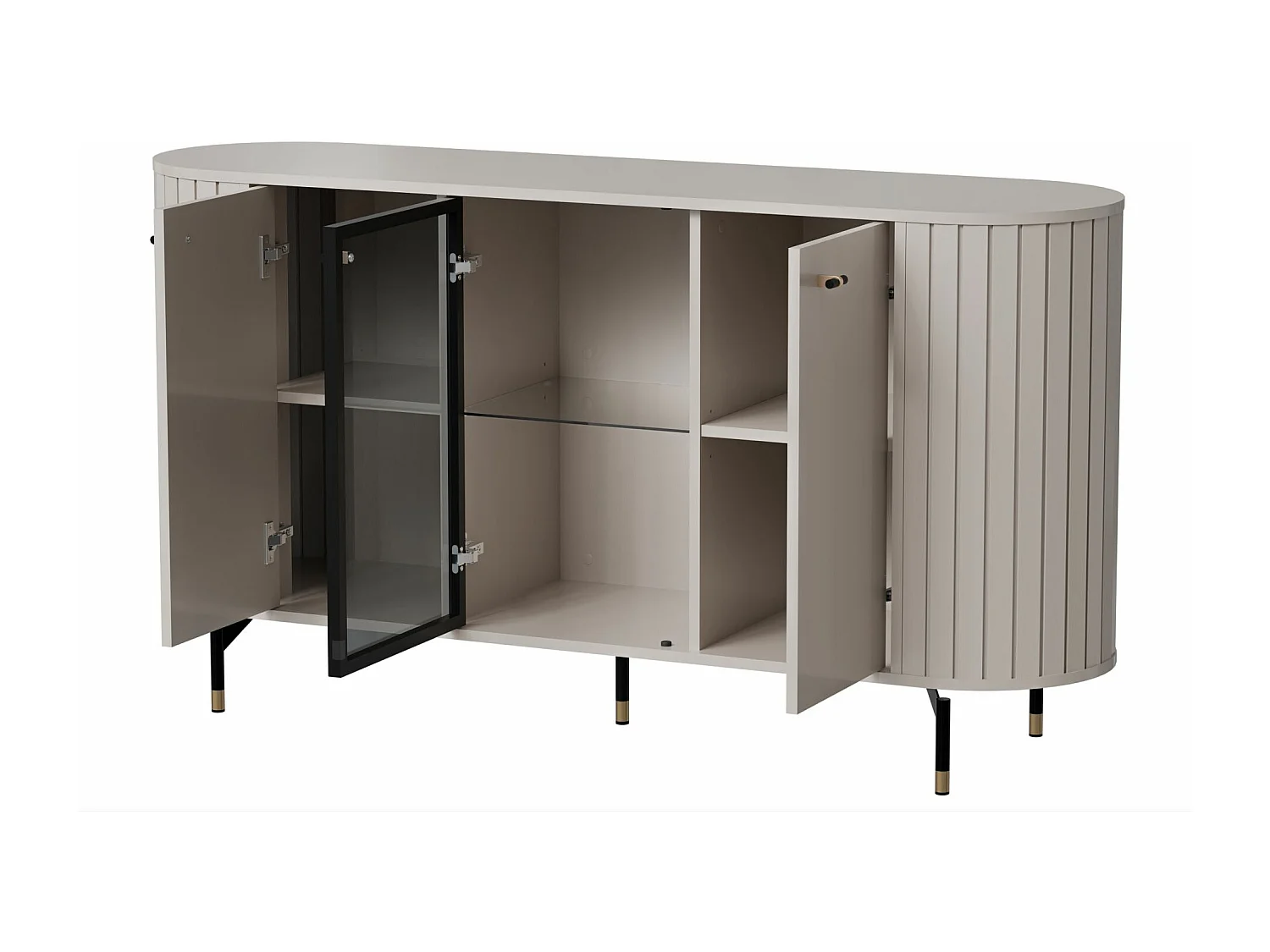 Buffet 3 portes avec façade vitrée – ZANTE – 150 cm – grège avec rainures