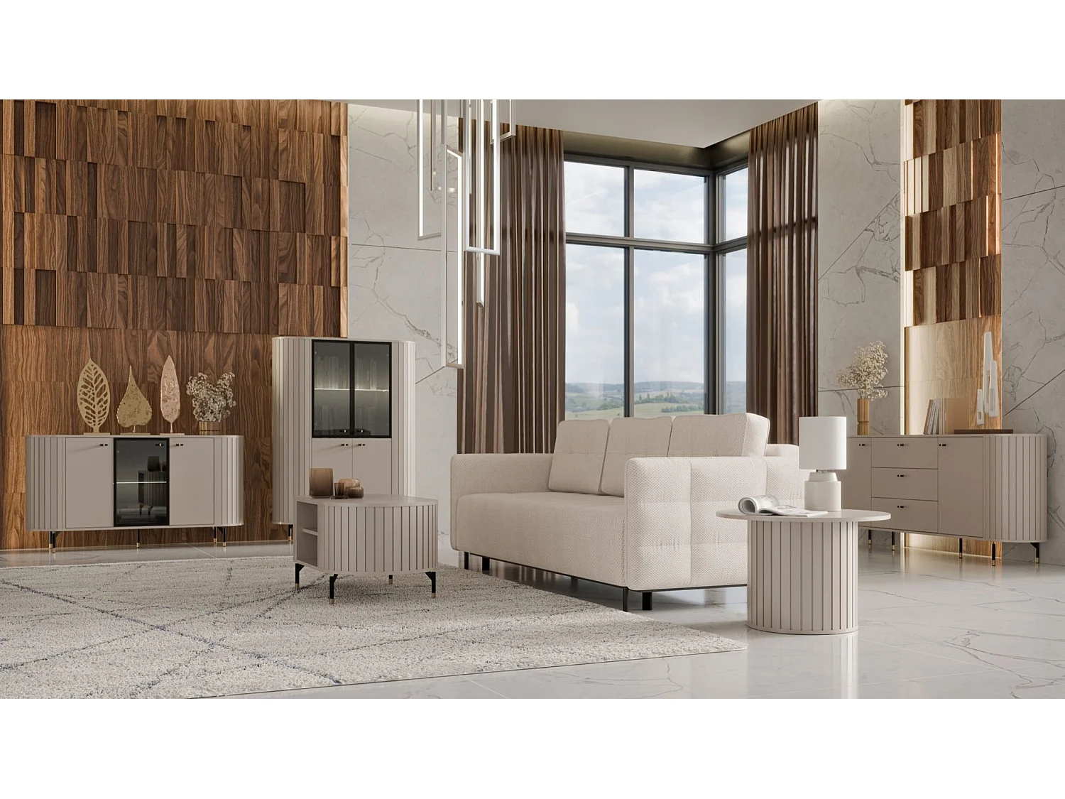 Buffet 3 portes avec façade vitrée – ZANTE – 150 cm – grège avec rainures