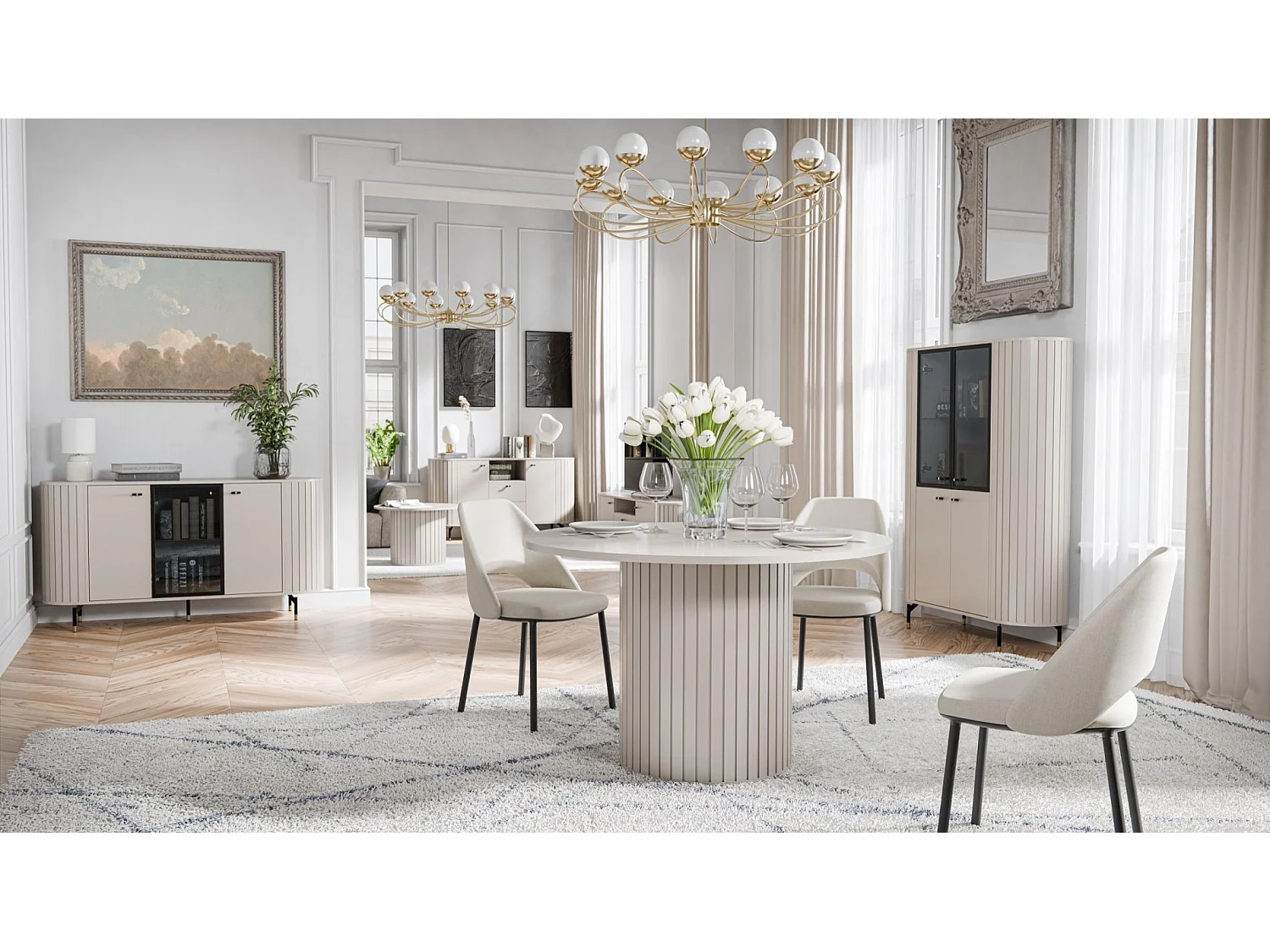 Buffet 3 portes avec façade vitrée – ZANTE – 150 cm – grège avec rainures