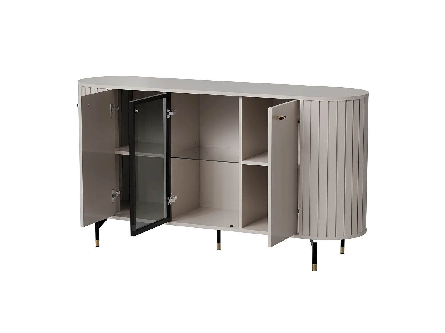 Buffet 3 portes avec façade vitrée – ZANTE – 150 cm – grège avec rainures