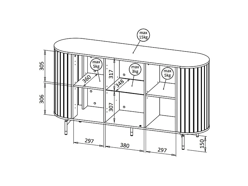 Buffet 3 portes avec façade vitrée – ZANTE – 150 cm – grège avec rainures
