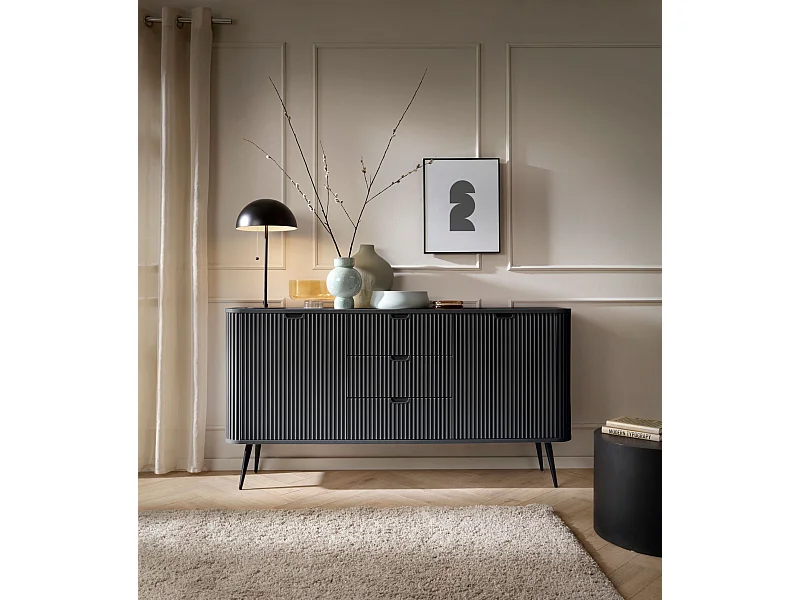 Dressoir - 168 cm - 2 deuren met drie laden - zwart met zwarte poten - ZOVA