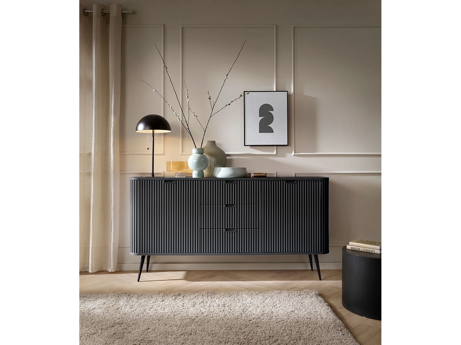 Dressoir - 168 cm - 2 deuren met drie laden - zwart met zwarte poten - ZOVA