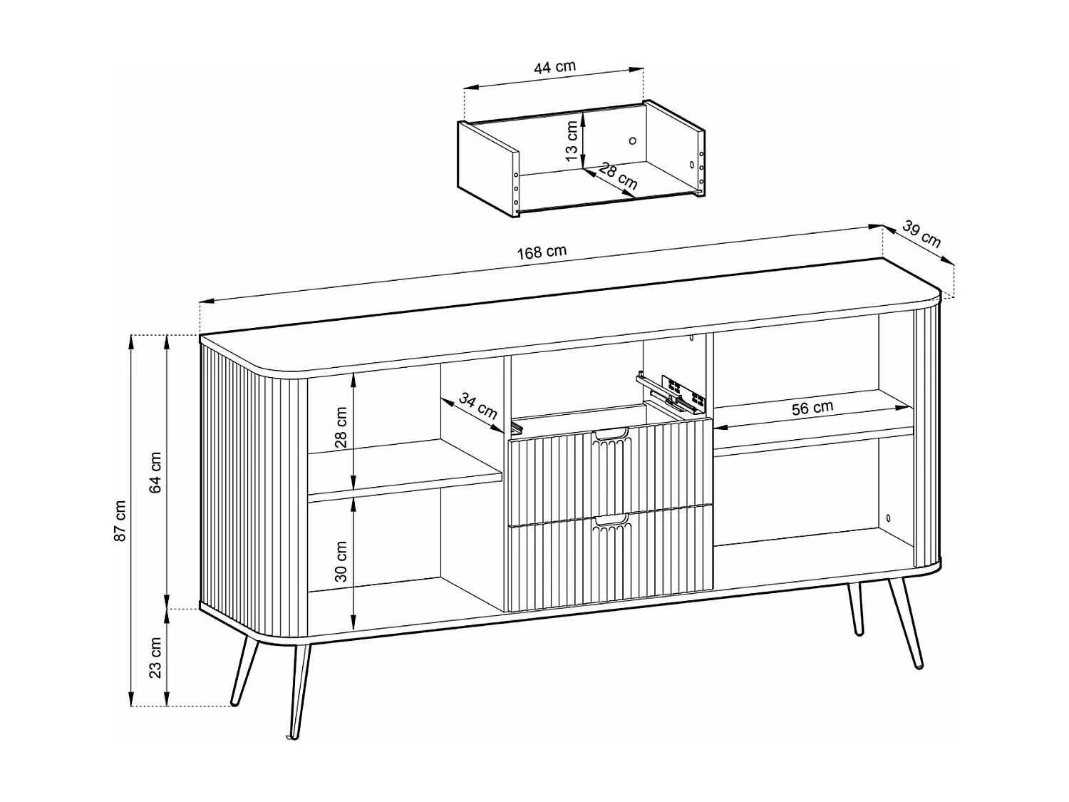 Dressoir - 168 cm - 2 deuren met drie laden - zwart met zwarte poten - ZOVA