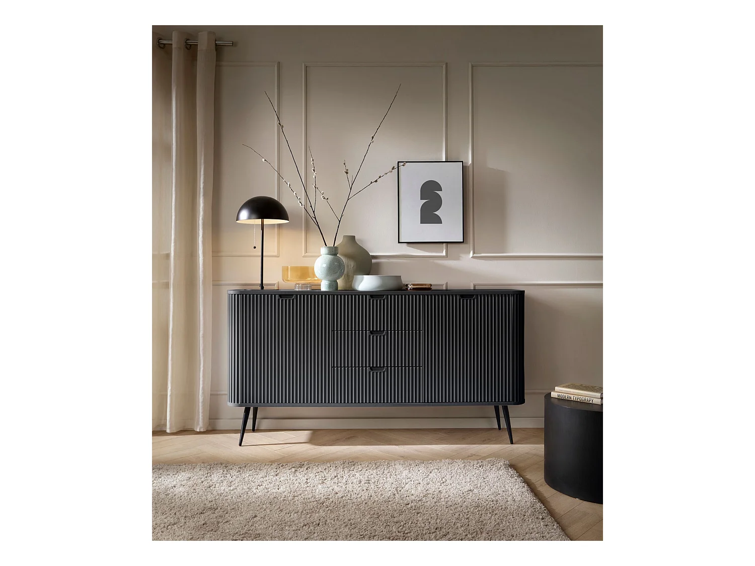 Buffet - 168 cm - 2 portes avec trois tiroirs - noir avec pieds noirs - ZOVA