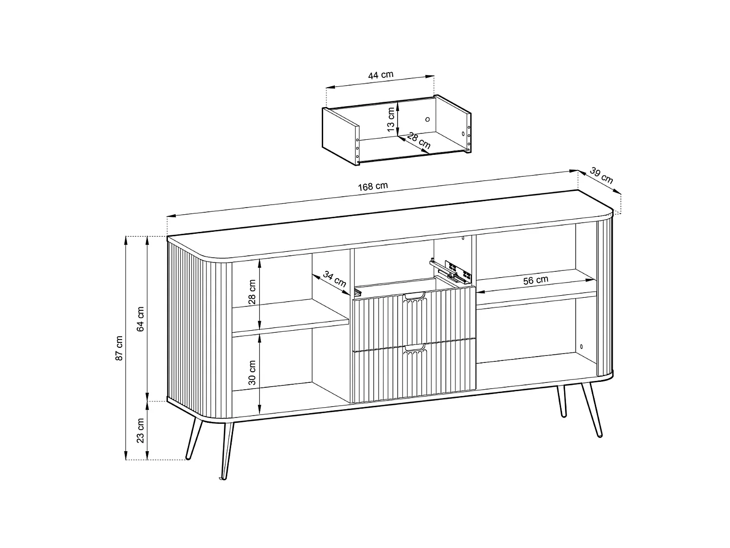 Dressoir - 168 cm - 2 deuren met drie laden - zwart met zwarte poten - ZOVA
