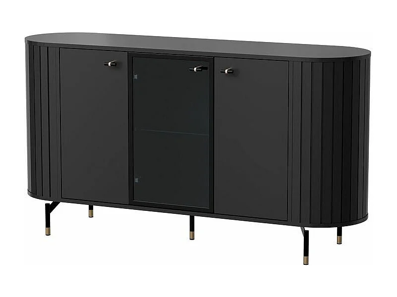 Buffet 3 portes avec façade vitrée – ZANTE – 150 cm – noir avec rainures