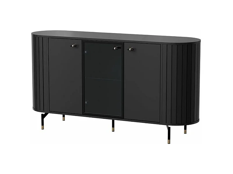 Buffet 3 portes avec façade vitrée – ZANTE – 150 cm – noir avec rainures