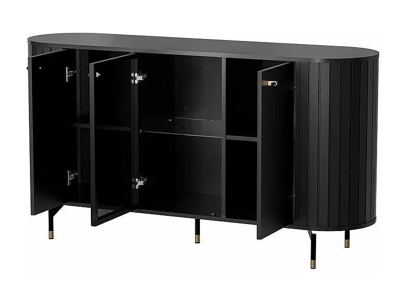 Buffet 3 portes avec façade vitrée – ZANTE – 150 cm – noir avec rainures