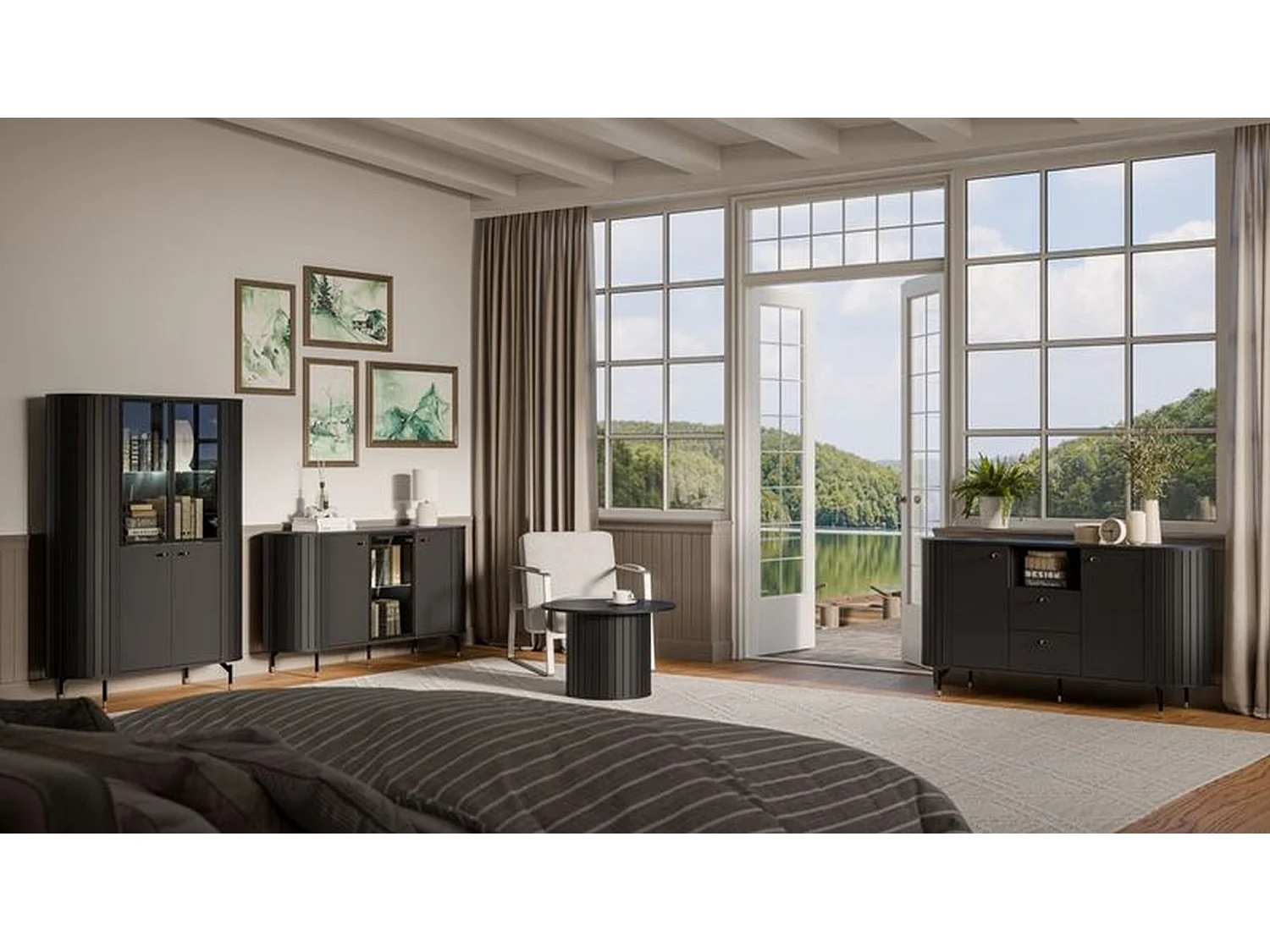 Buffet 3 portes avec façade vitrée – ZANTE – 150 cm – noir avec rainures